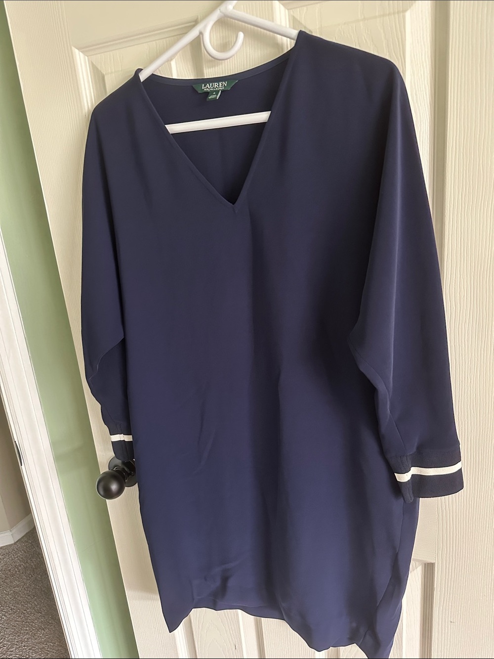 Lauren Ralph Lauren Navy V-Neck Tunic with Contrast Cuff Stripes